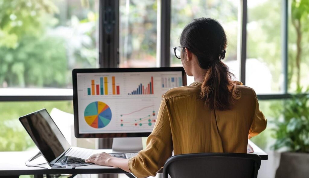 Mujer mirando gráficos en la pantalla de un ordenador