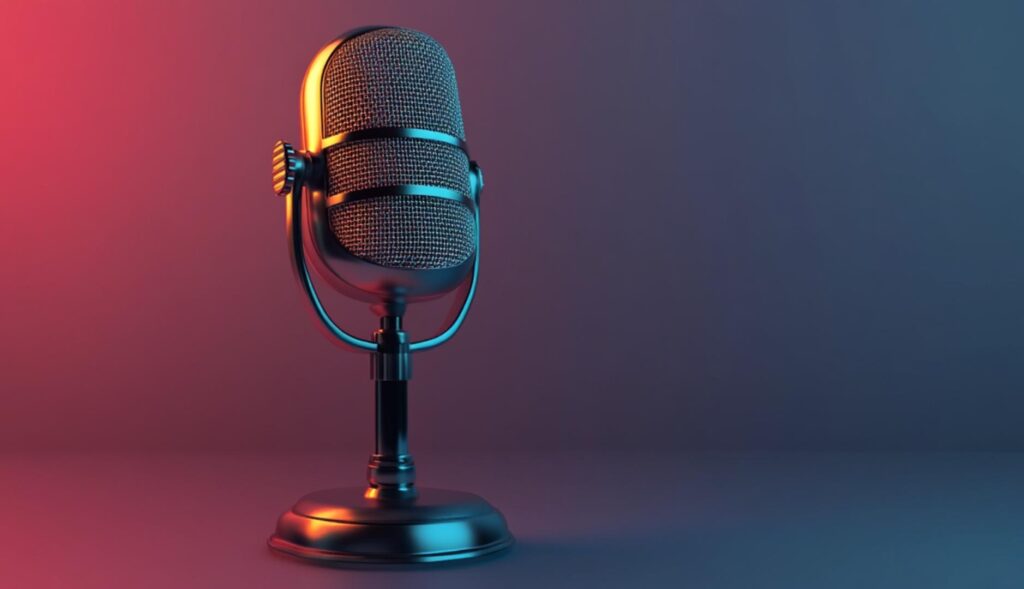 un micrófono sobre fondo abstracto de color rosa y azul