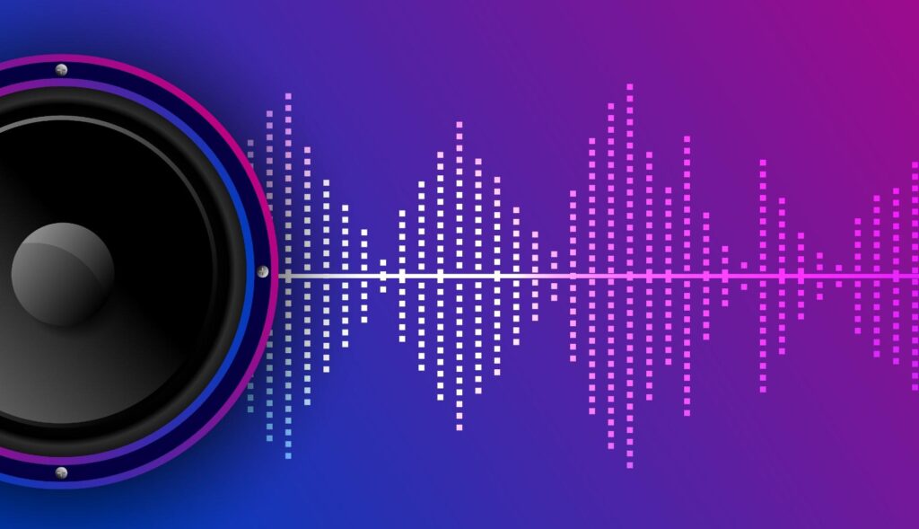 Ilustración de un altavoz y ondas de sonido