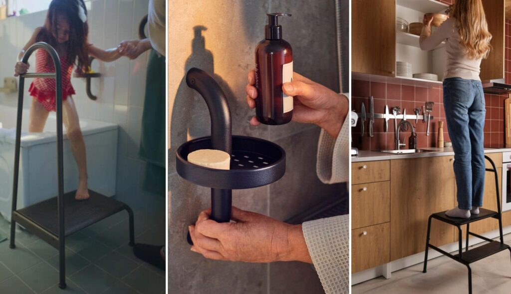 Imagen partida en tres secciones: izquierda niña saliendo de bañera apoyada en una banqueta de Ikea; centro, jabonero Ikea; derecha, mujer joven sobre banqueta en cocina