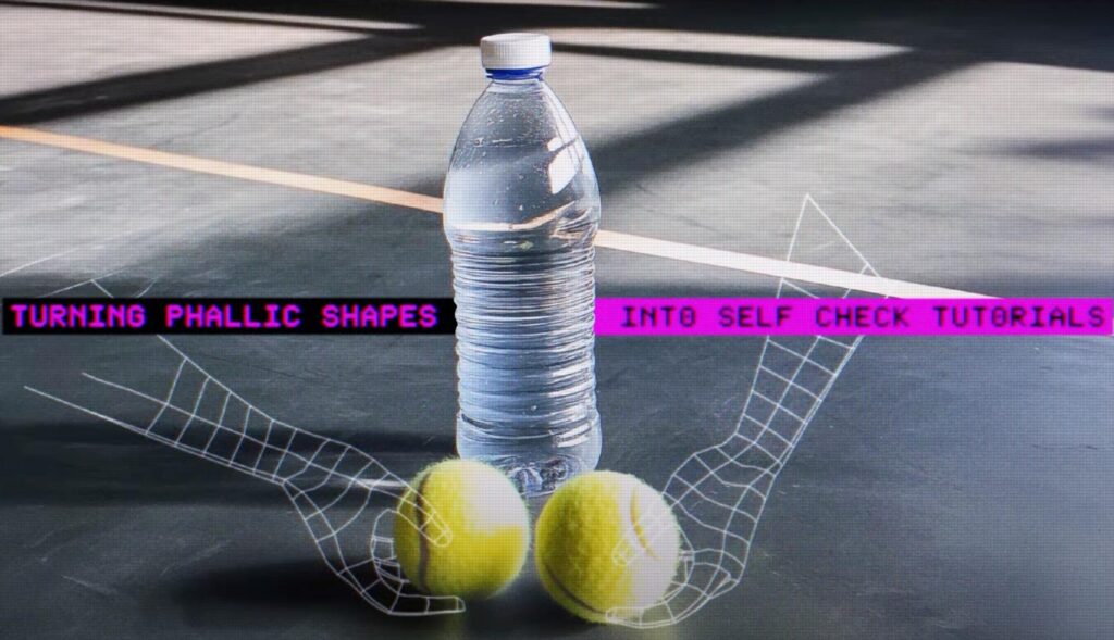 Fotografía de botella de agua junto a dos pelotas de tenis, que la app de la campaña I See Balls ha convertido en un tutorial de autoexploración