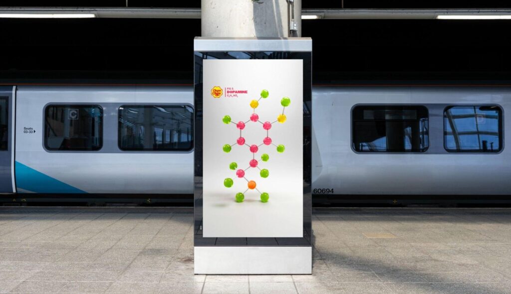 Gráfica publicitaria de Chupa Chups que representa una molécula