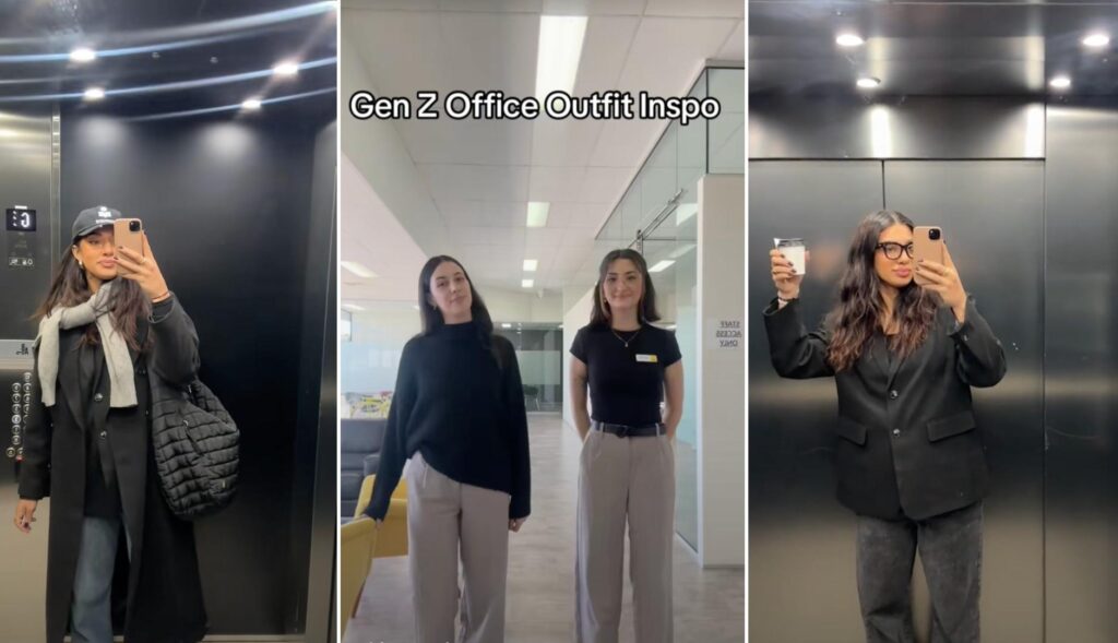 Chicas jovenes mostrando sus atuendos para trabajar en la oficina