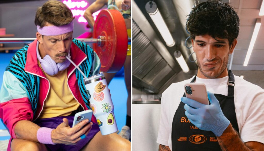 grison mirando el móvil en el gimnasio y el fundador de vicio haciendo lo mismo en la cocina