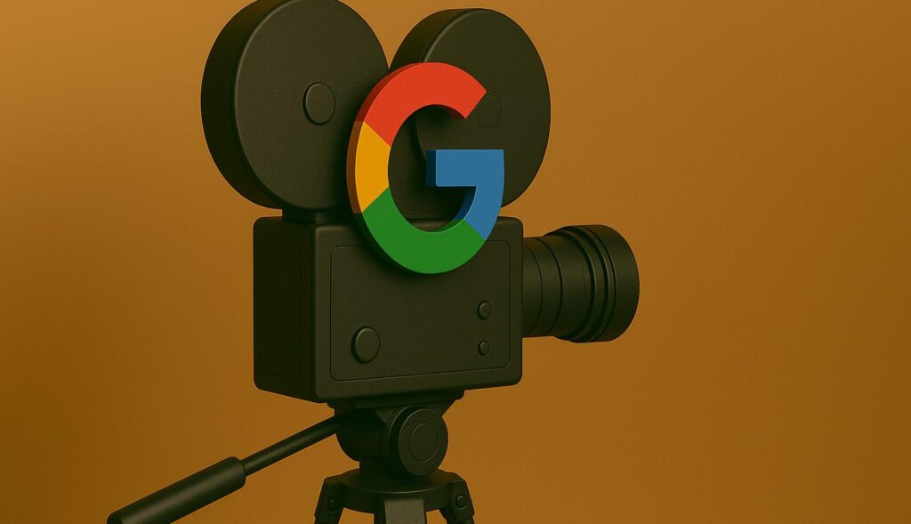Imagen de una cámara de cine con el logotipo de Google, creada con inteligencia artificial