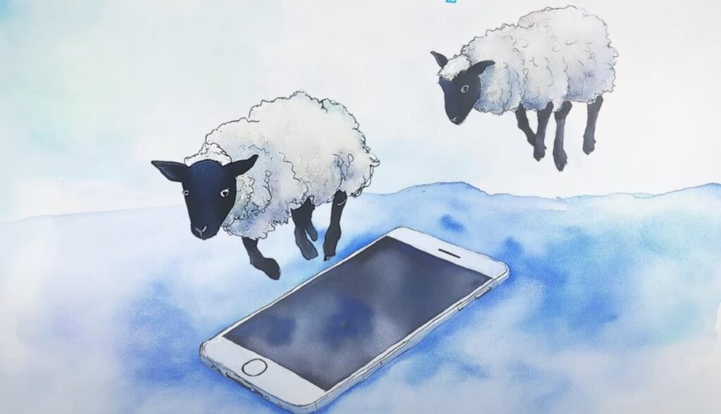 una ilustración en tonos azules con dos ovejitas saltando sobre un smartphone