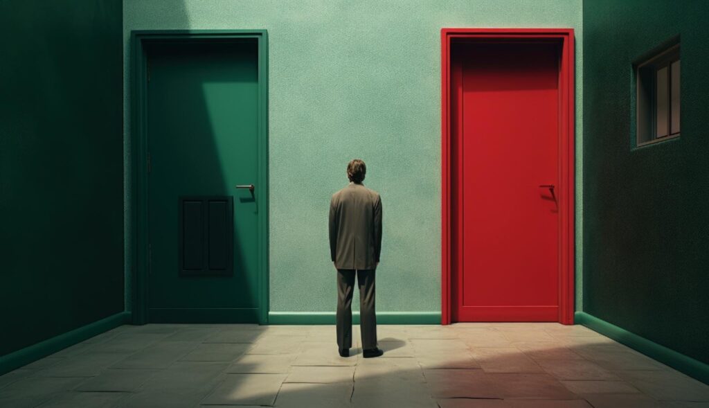 un hombre frente a dos puertas, una roja y otra verde