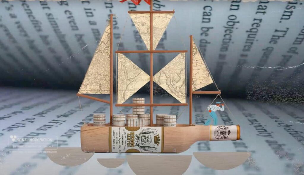Ilustración de un barco hecho con una botella de vino