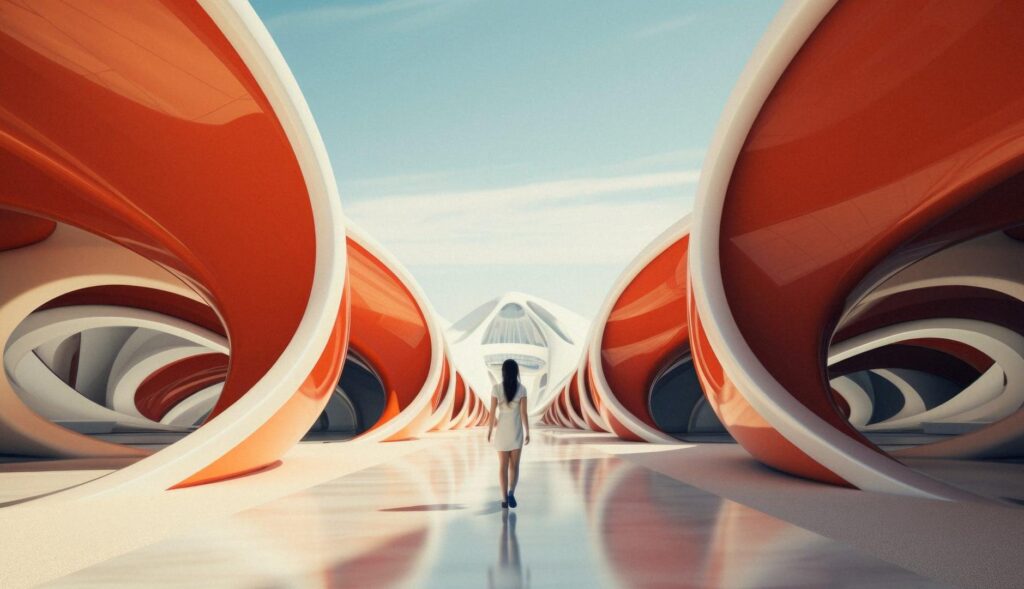 Chica paseando en un escenario futurista