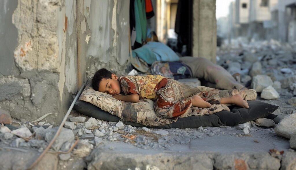 Imagen generada por IA de un niño durmiendo en Gaza