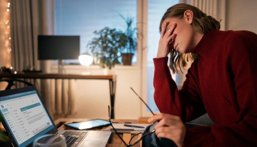 Una mujer trabajando se lleva la mano a la cara como gesto de agotamiento