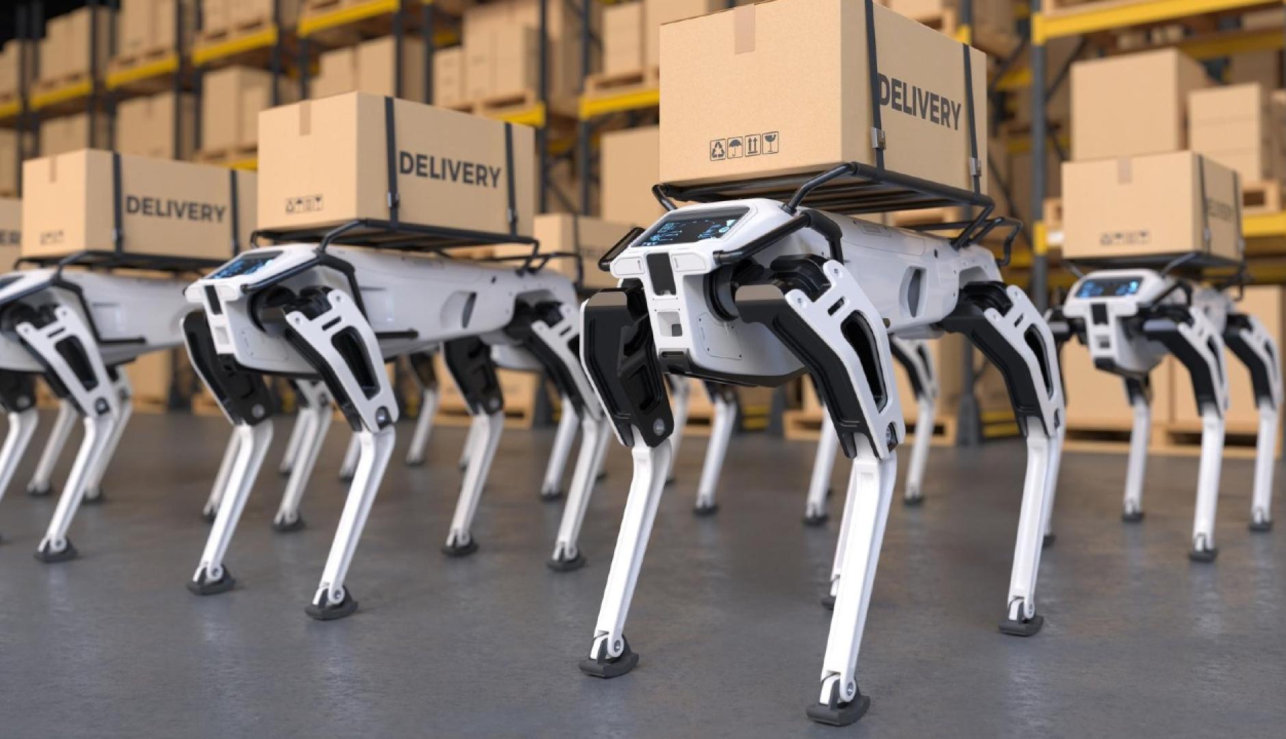 Robots en un almacén portando cajas de delivery