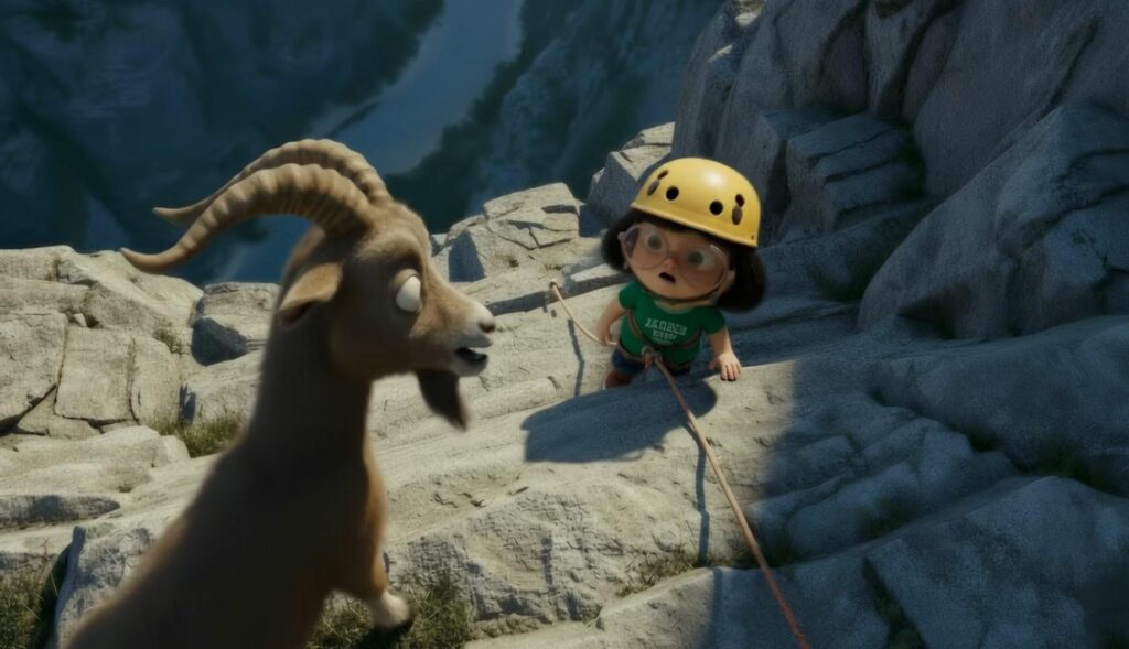 Ilustración de una niña escalando una montaña