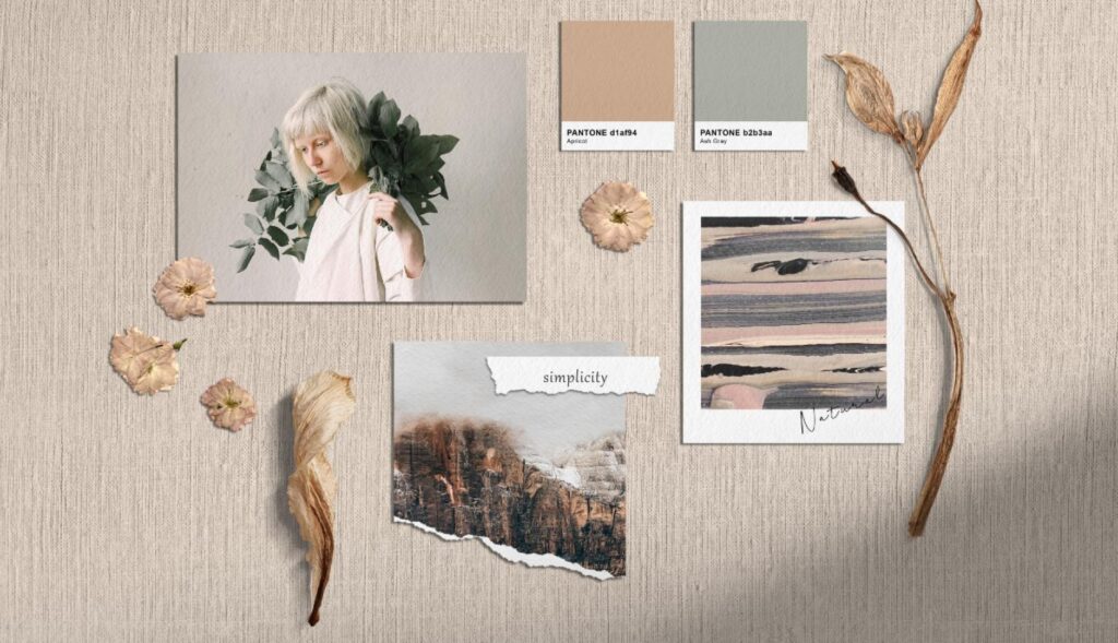 un ejemplo de moodboard en tonos marrones con fotografías, colores pantone y flores secas