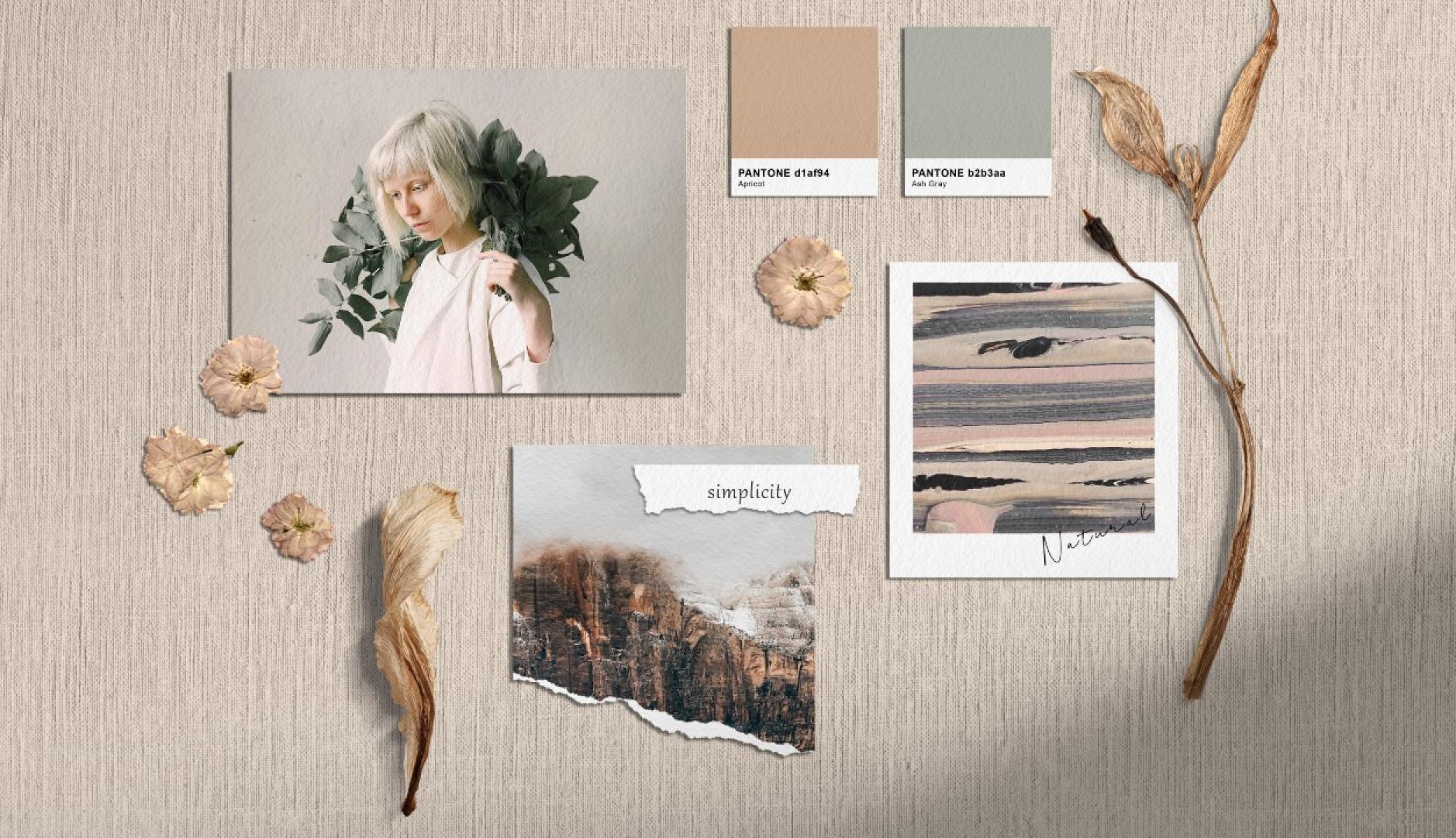 un ejemplo de moodboard en tonos marrones con fotografías, colores pantone y flores secas