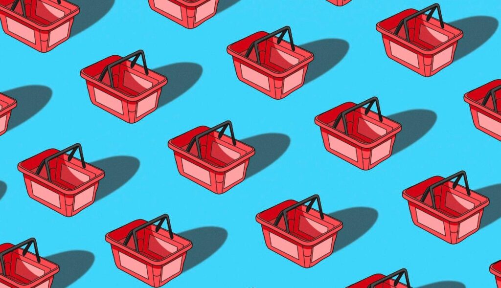 mosaico de cestas de la compra rojas sobre un fondo azul