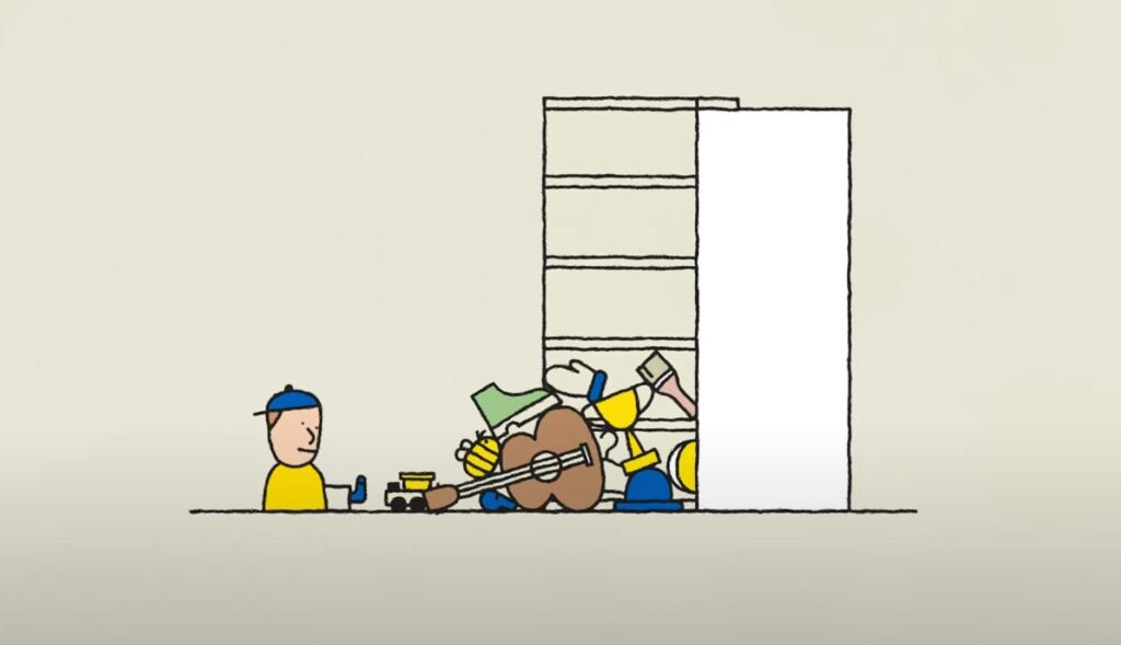 Ilustración minimalista de un niño ordenando su habitacion