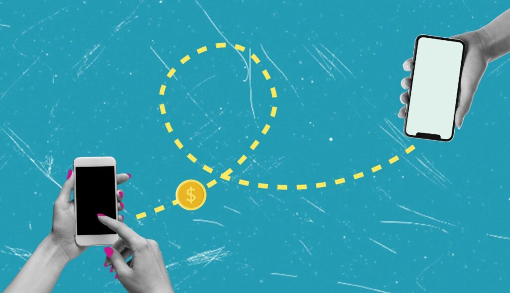 un símbolo de dólar viaja de un smartphone a otro