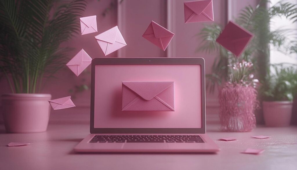 Sobres rosas revoloteando alrededor de un ordenador portatil