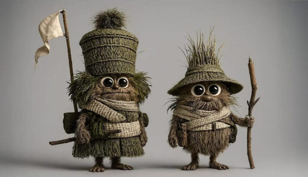 Dos criaturas de la película, hechas con palos y paja