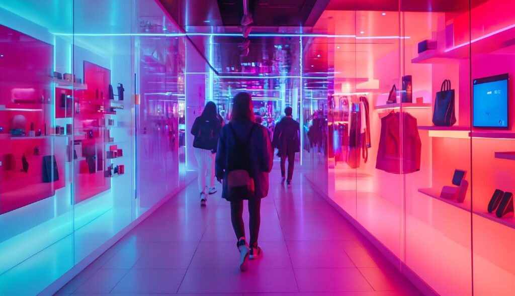 Personas caminando por un pasillo con escaparates a ambos lados