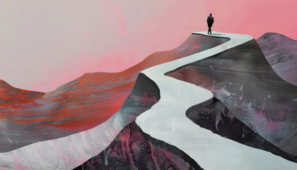 Un paisaje abstracto que muestra un camino y la silueta negra de una persona al fondo