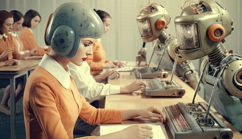 una chica escribe a máquina guiada por un robot