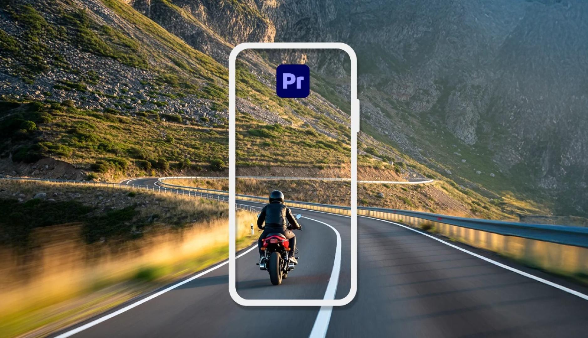 Un motorista en la montaña enmarcado por la silueta de un móvil y con el logo de Premiere