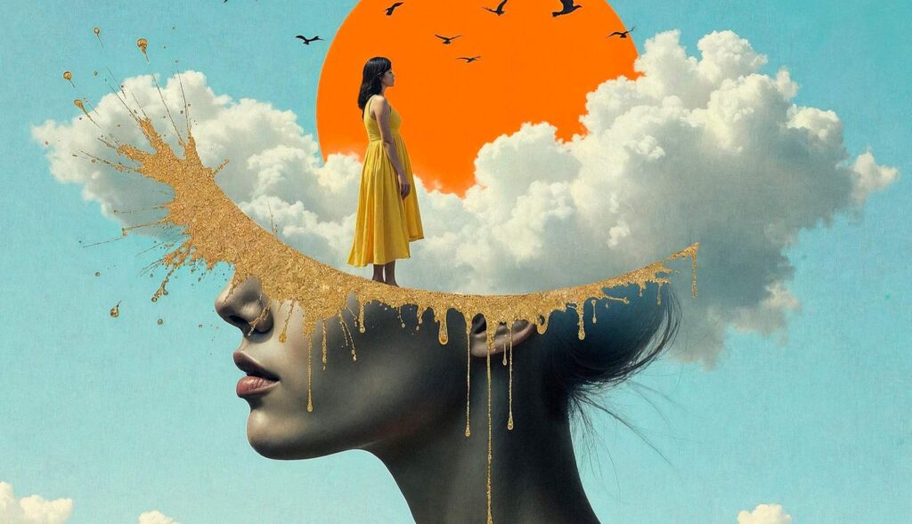 Collage crativo de una mujer ante un fondo de nubes