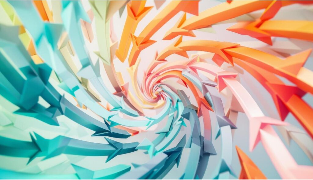 flechas en espiral de colores azules, rosa y naranja