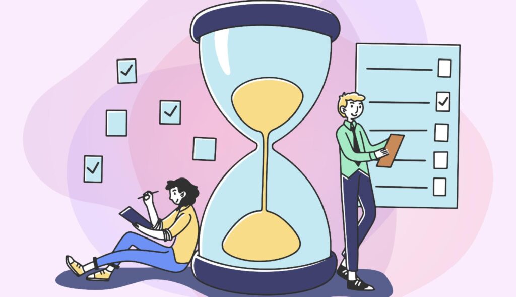 Una ilustración de un reloj de arena gigante y dos personas trabajando a cada lado