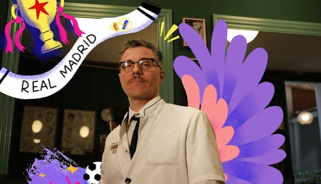 La foto de un aficionado al Real Madrid con una plantilla de iconos de colores y la bufanda del club