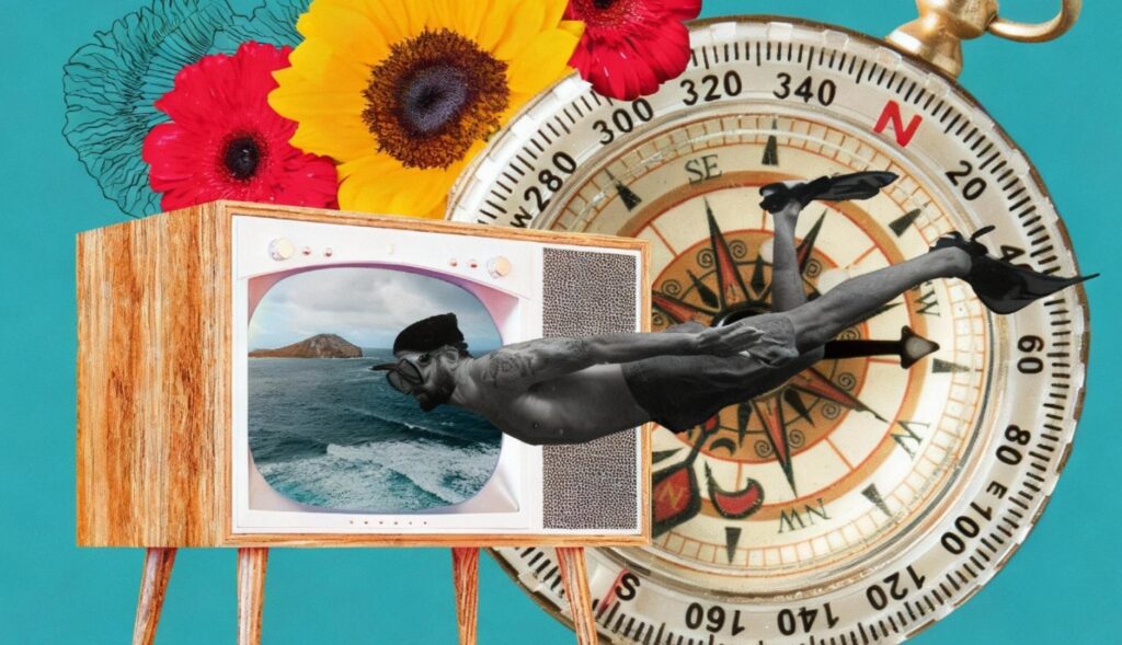 Un collage con una brújula y un hombre buceando