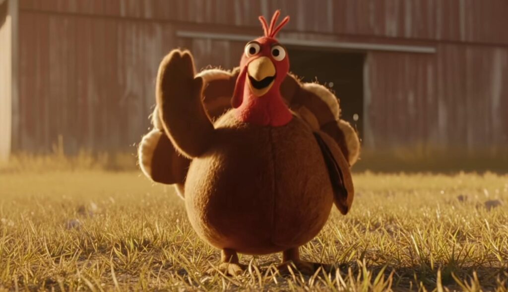 El pavo de peliuche sonríe saludando a la cámara