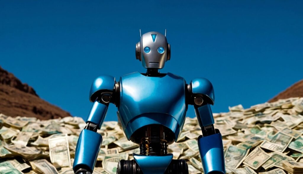 Un robot frente a una montaña de dinero