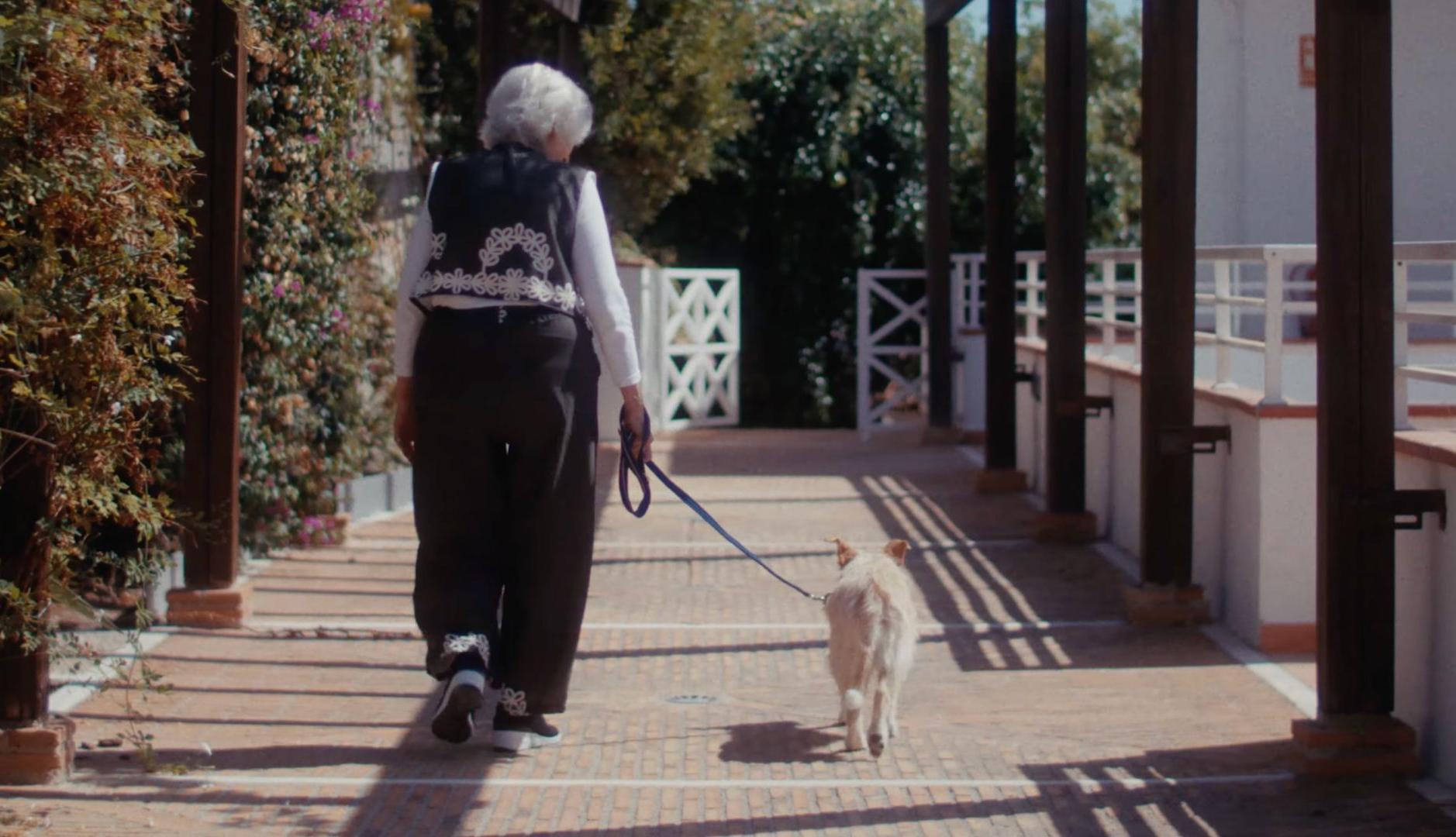 Una mujer mayor pasea a un perro