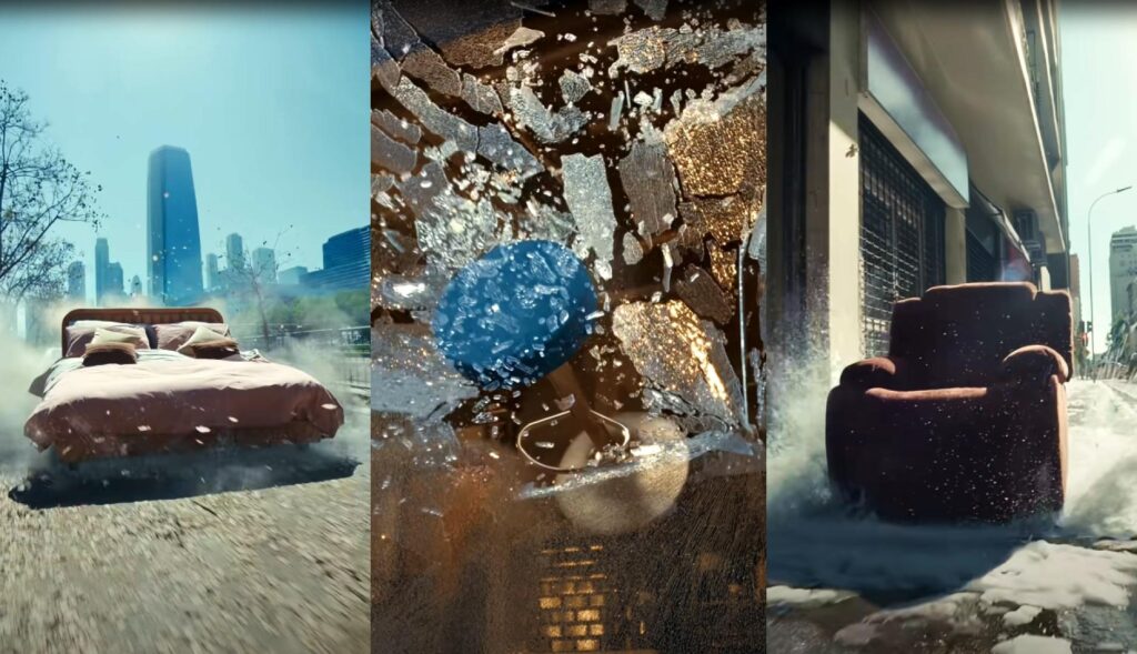 Una imagen de la cama, el taburete y el sillón de los anuncios