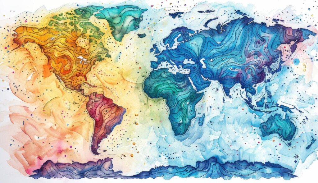 Un mapa mundi estilo acuarela con colores para las diferentes regiones del mundo