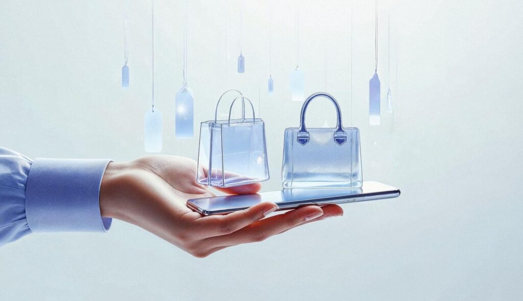 Un mano sujetando un móvil sobre el que hay dos bolsos