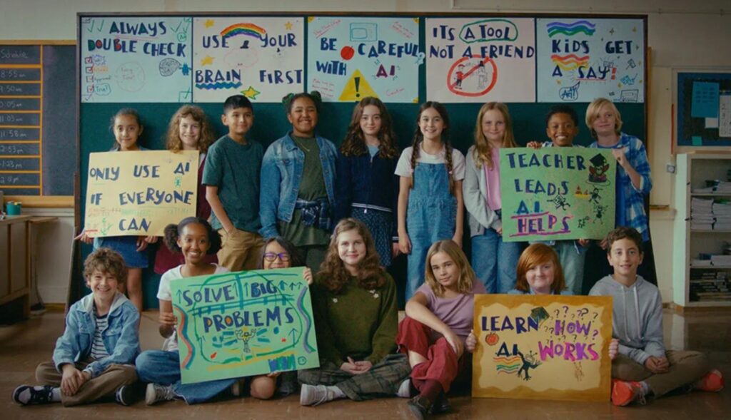 Un grupo de niños con pancartas que muestran mensajes sobre cómo debe usarse la IA