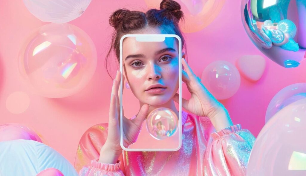 Una chica posando entre globos rosas con un marco en forma de teléfono móvil sobre la cara