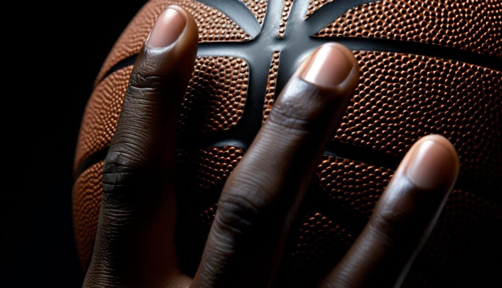 Una mano negra sujetando un balón de baloncesto