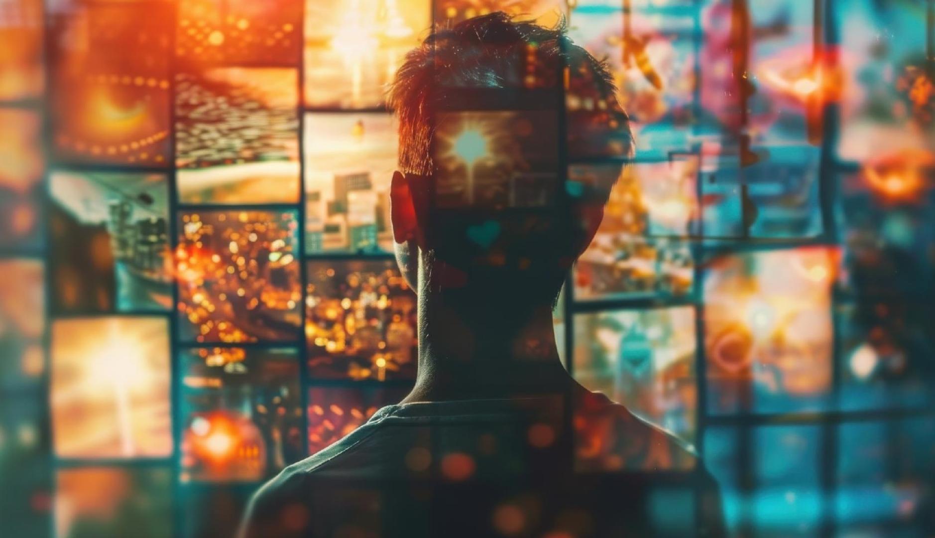Un chico de espaldas mirando un mosaico de pantallas con aire futurista