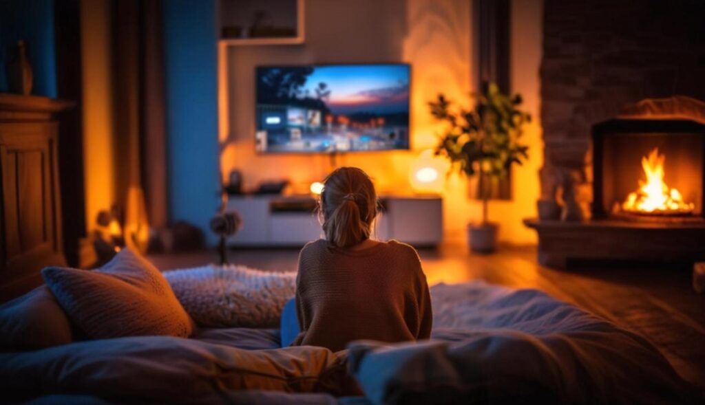 Chica ve la televisión junto a una chimenea