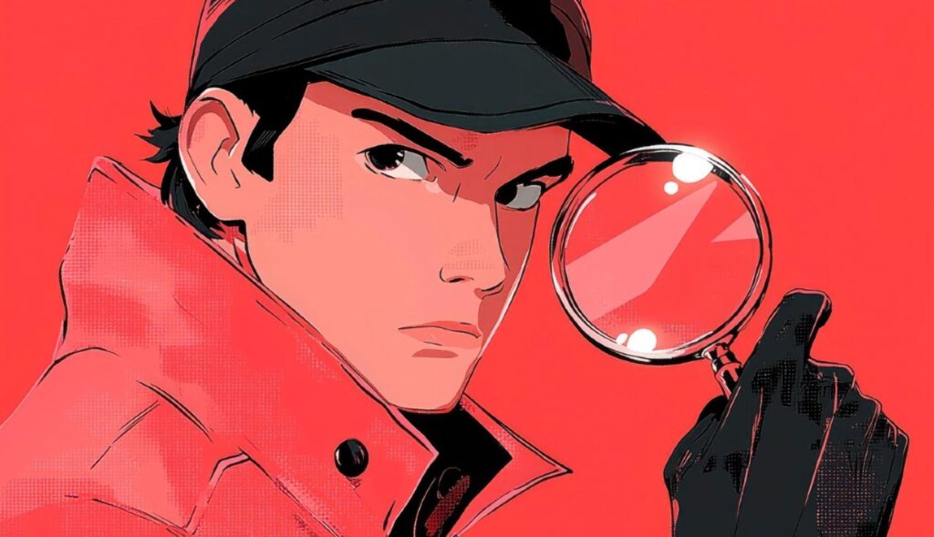 Una ilustración en tono rojo y negro de un vigilante con gorra y lupa en la mano