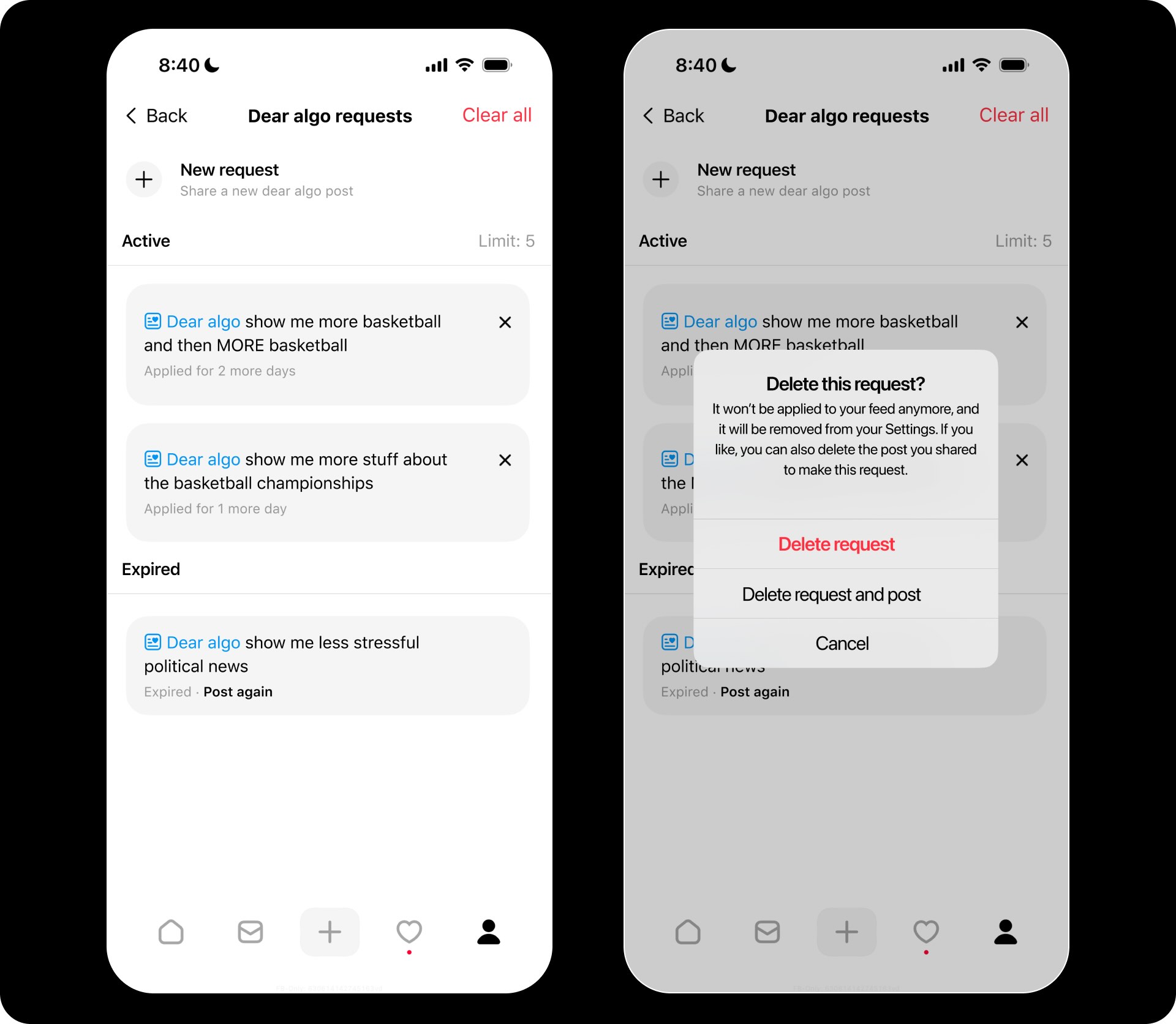 Threads Dear Algo functionality configuration panel