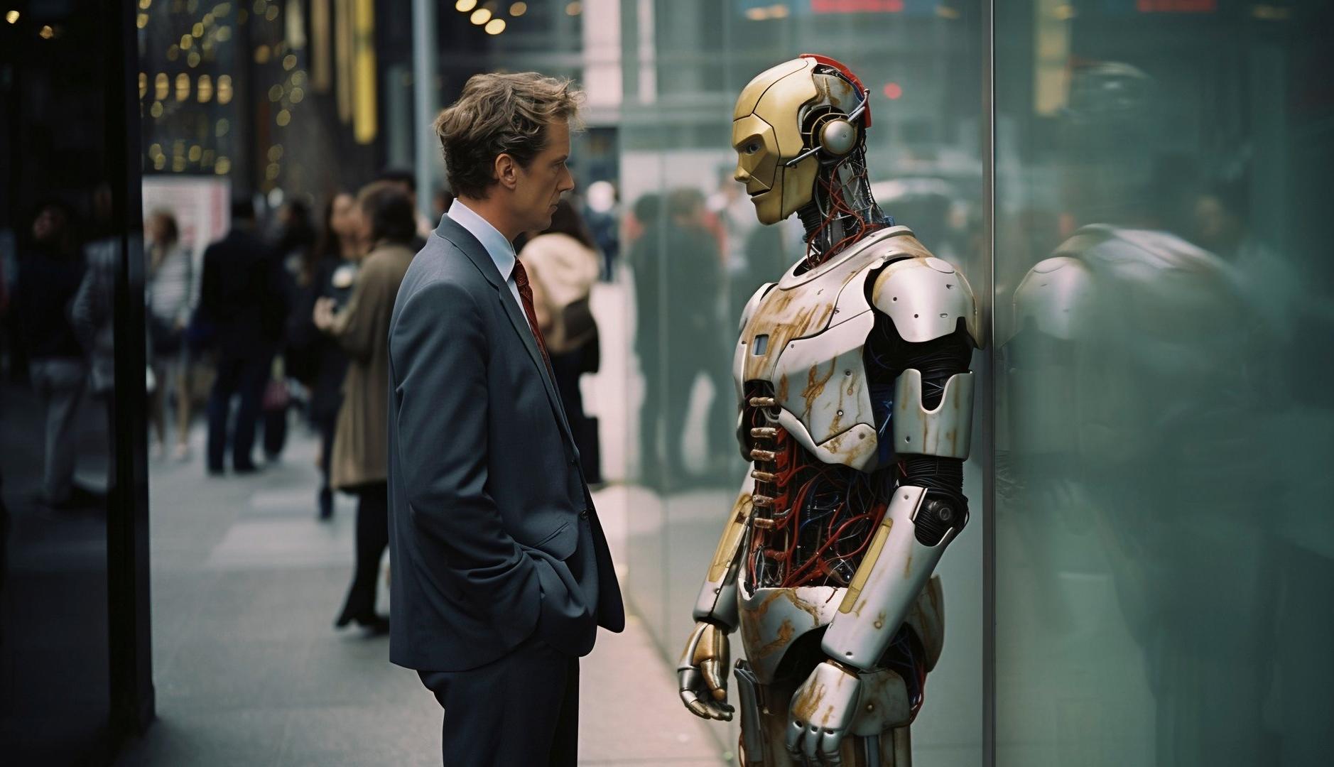 Un hombre de traje habla en la calle con un robot