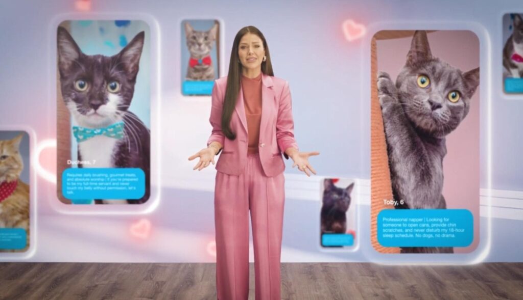 Una presentadora con pantallas de teléfono alrededor que muestran fotos de gatos