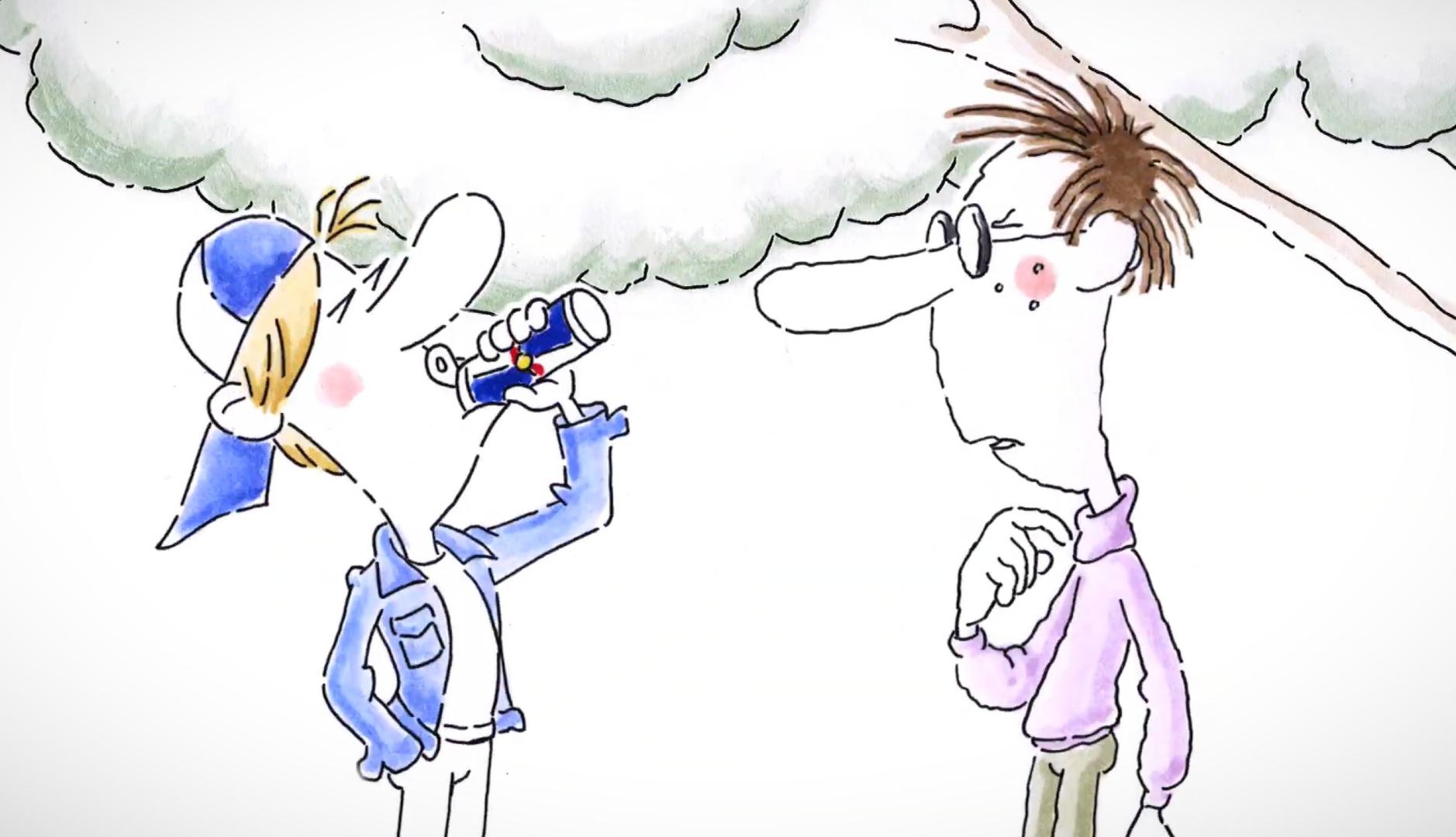 Iustración de un joven bebiendo Red Bull