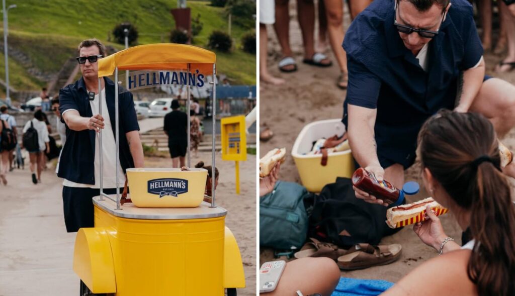 Un hombre reparte mayonesa en la playa